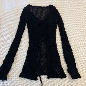 SHEIN Black Sheer Textured Tie-Front Top